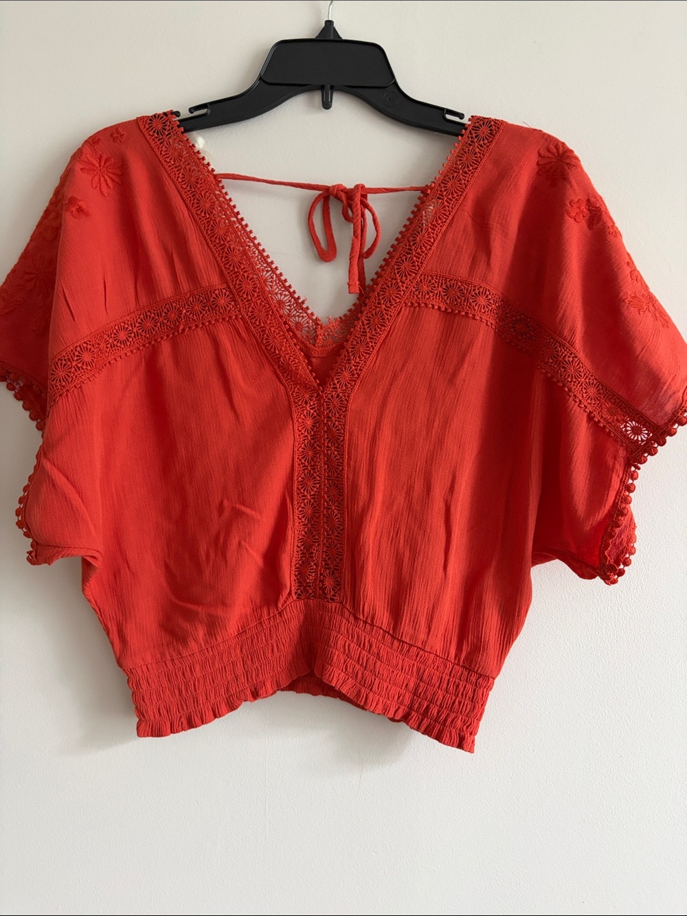 Crochet-Trim V-Neck Blouse in Red
